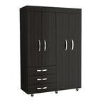 68"H Mobile Wardrobe Armoire - 2 Hanging Rods - 3 Drawers - 2 Shelves - Double Door Cabinets - 6 Caster Wheels - Black Wenge - 46.9"W x 18.5"D - Modern