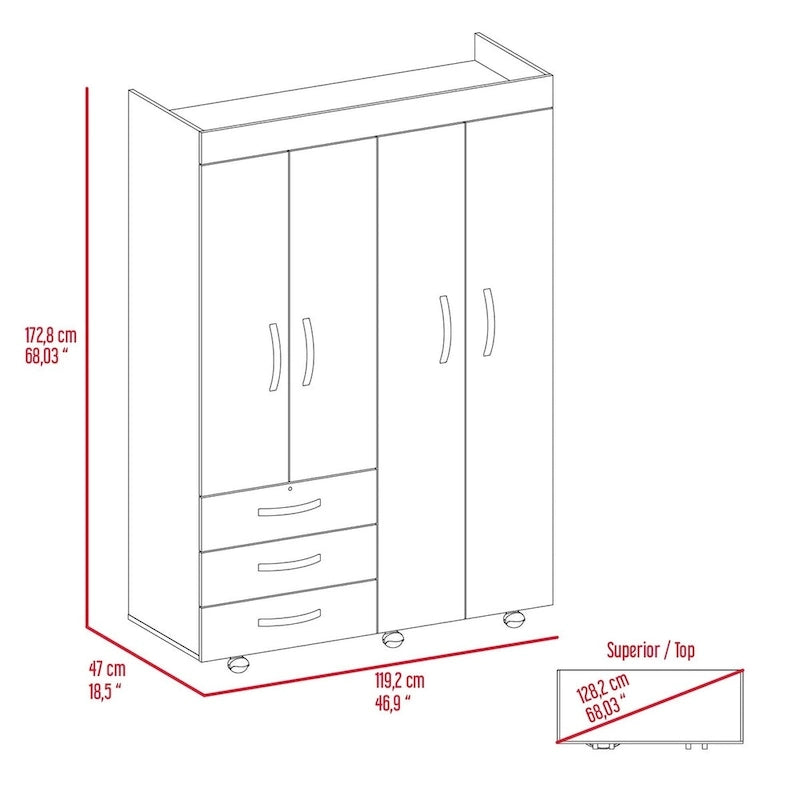 68"H Mobile Wardrobe Armoire - 2 Hanging Rods - 3 Drawers - 2 Shelves - Double Door Cabinets - 6 Caster Wheels - Black Wenge - 46.9"W x 18.5"D - Modern