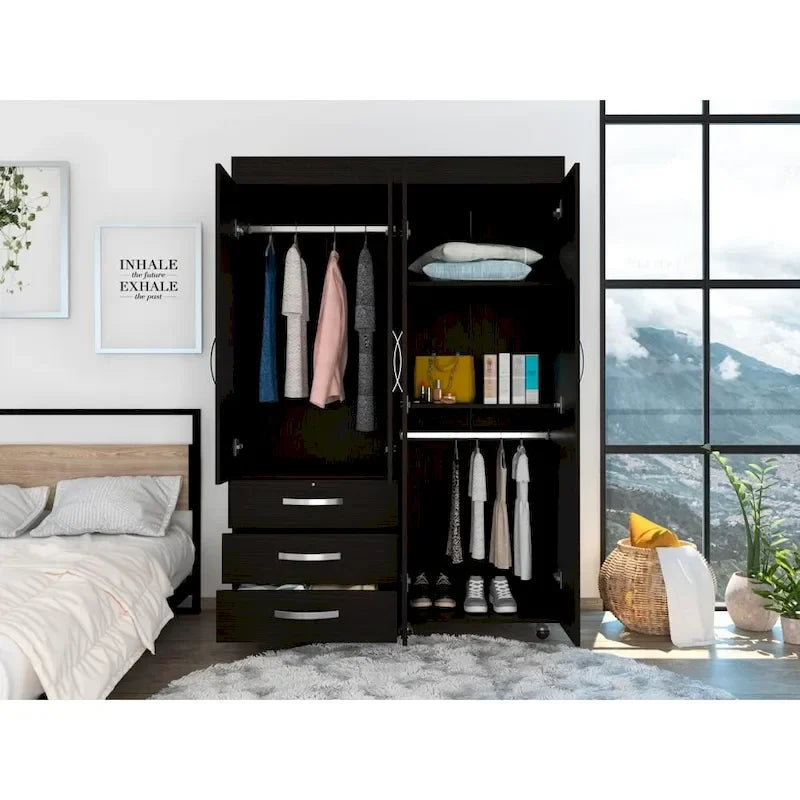 68"H Mobile Wardrobe Armoire - 2 Hanging Rods - 3 Drawers - 2 Shelves - Double Door Cabinets - 6 Caster Wheels - Black Wenge - 46.9"W x 18.5"D - Modern