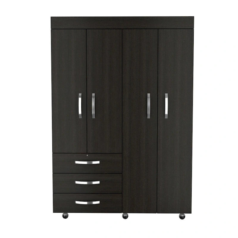 68"H Mobile Wardrobe Armoire - 2 Hanging Rods - 3 Drawers - 2 Shelves - Double Door Cabinets - 6 Caster Wheels - Black Wenge - 46.9"W x 18.5"D - Modern