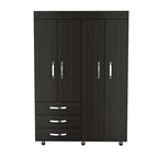 68"H Mobile Wardrobe Armoire - 2 Hanging Rods - 3 Drawers - 2 Shelves - Double Door Cabinets - 6 Caster Wheels - Black Wenge - 46.9"W x 18.5"D - Modern