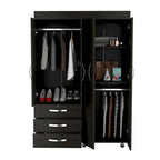 68"H Mobile Wardrobe Armoire - 2 Hanging Rods - 3 Drawers - 2 Shelves - Double Door Cabinets - 6 Caster Wheels - Black Wenge - 46.9"W x 18.5"D - Modern