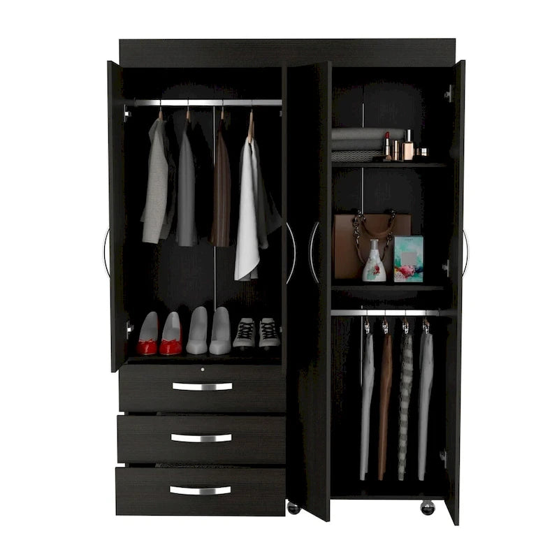 68"H Mobile Wardrobe Armoire - 2 Hanging Rods - 3 Drawers - 2 Shelves - Double Door Cabinets - 6 Caster Wheels - Black Wenge - 46.9"W x 18.5"D - Modern