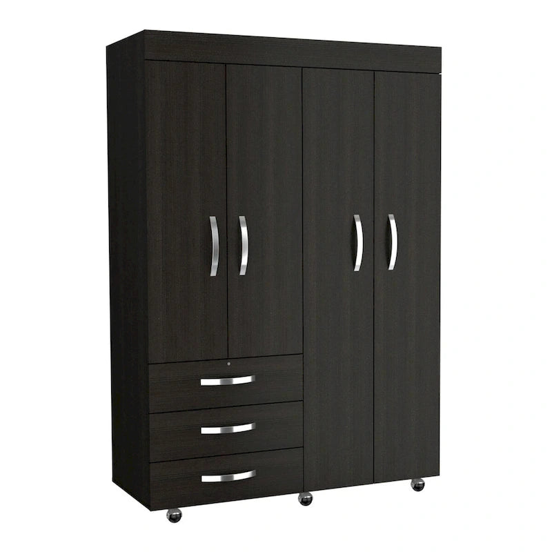 68"H Mobile Wardrobe Armoire - 2 Hanging Rods - 3 Drawers - 2 Shelves - Double Door Cabinets - 6 Caster Wheels - Black Wenge - 46.9"W x 18.5"D - Modern