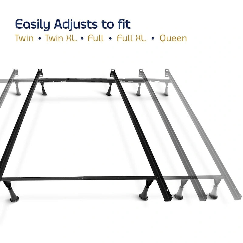 Adjustable Metal Bed Frame - 4-Leg Support - Queen/Full/Twin - 5" Clearance - Black Finish - Strong Support System - Hardware Included - Easy Assembly