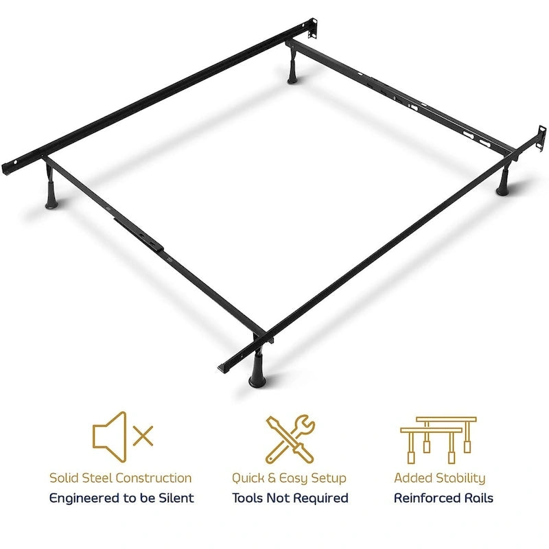 Adjustable Metal Bed Frame - 4-Leg Support - Queen/Full/Twin - 5" Clearance - Black Finish - Strong Support System - Hardware Included - Easy Assembly