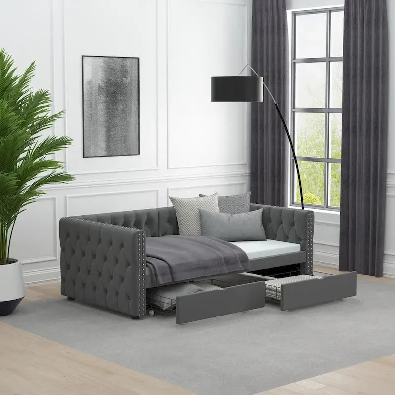 Twin Velvet Tufted Daybed with 2 Storage Drawers - Button & Copper Nail Trim, 600 lbs, No Box Spring Needed