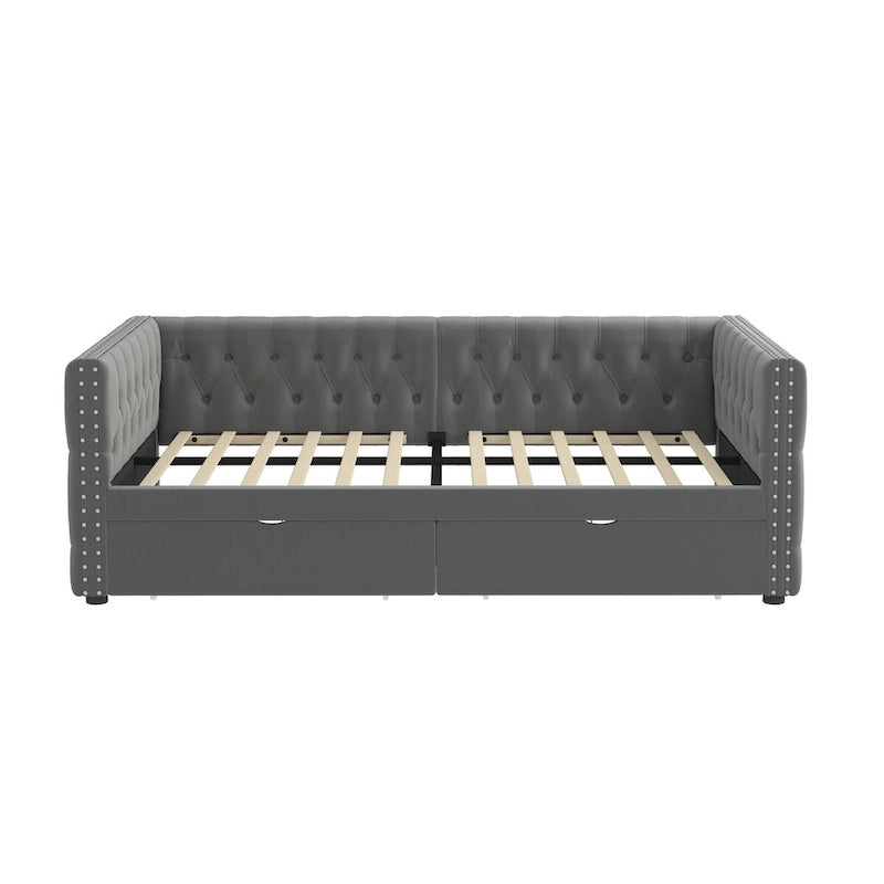 Twin Velvet Tufted Daybed with 2 Storage Drawers - Button & Copper Nail Trim, 600 lbs, No Box Spring Needed