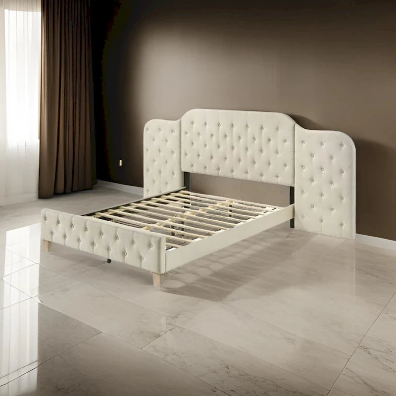 Ronny Inch Queen Size Bed, Wall Headboard, Beige Linen Tufted Upholstery