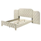 Queen Beige Linen Upholstered Bed - Oversized Tufted Headboard & Footboard, Tapered Wood Legs, No Box Spring