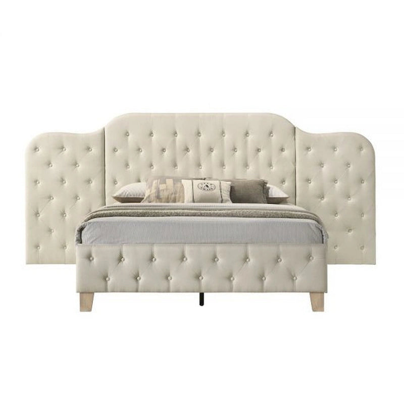 Queen Beige Linen Upholstered Bed - Oversized Tufted Headboard & Footboard, Tapered Wood Legs, No Box Spring