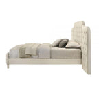 Queen Beige Linen Upholstered Bed - Oversized Tufted Headboard & Footboard, Tapered Wood Legs, No Box Spring