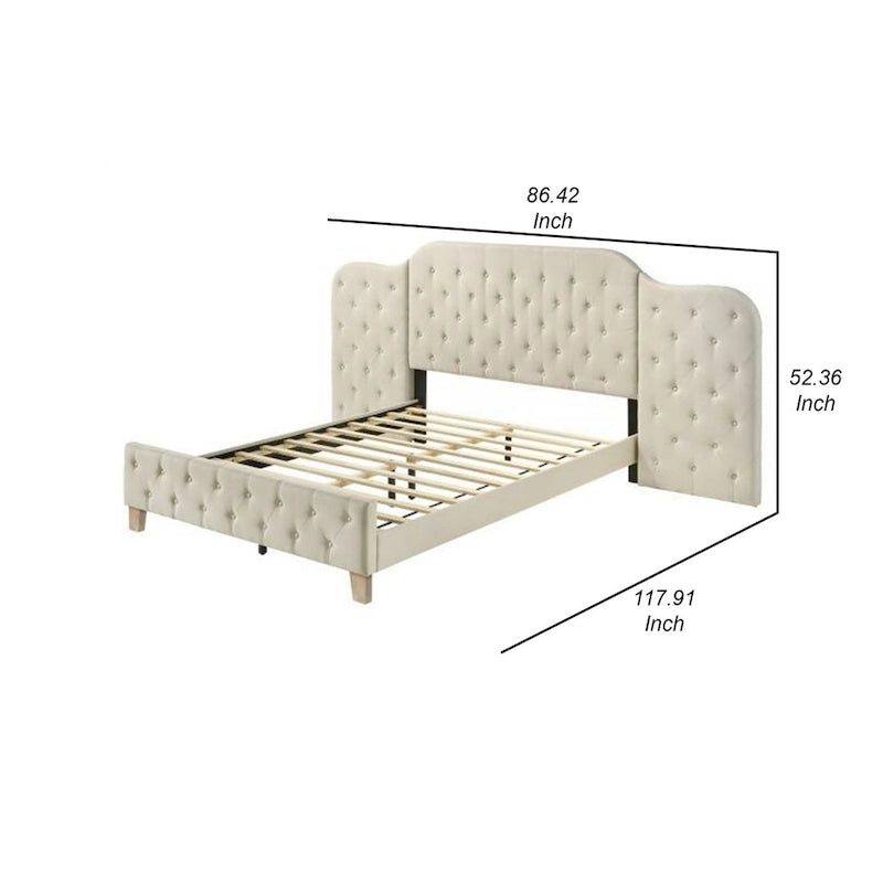 Queen Beige Linen Upholstered Bed - Oversized Tufted Headboard & Footboard, Tapered Wood Legs, No Box Spring