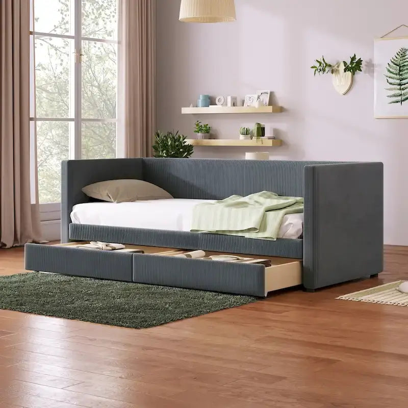 Twin Corduroy Upholstered Daybed with 2 Storage Drawers - Tufted Headboard, Wood Slats, No Box Spring Needed