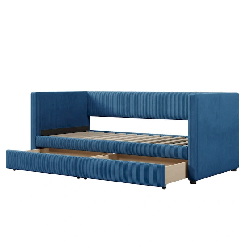Twin Corduroy Upholstered Daybed with 2 Storage Drawers - Tufted Headboard, Wood Slats, No Box Spring Needed