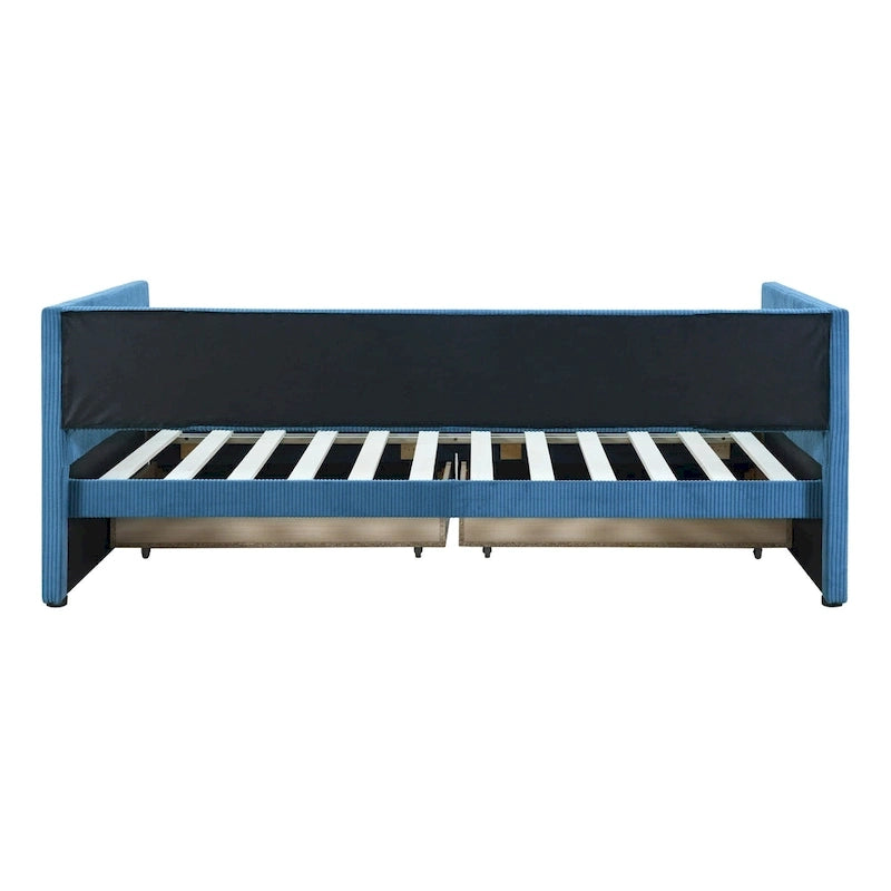 Twin Corduroy Upholstered Daybed with 2 Storage Drawers - Tufted Headboard, Wood Slats, No Box Spring Needed