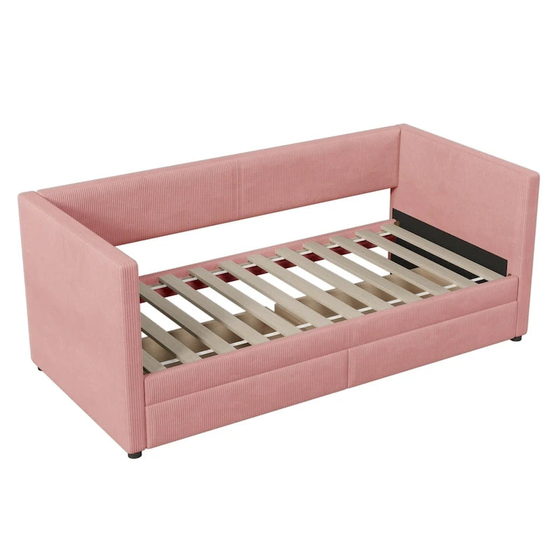 Twin Corduroy Upholstered Daybed with 2 Storage Drawers - Tufted Headboard, Wood Slats, No Box Spring Needed
