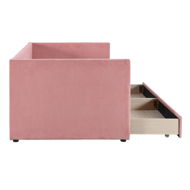 Twin Corduroy Upholstered Daybed with 2 Storage Drawers - Tufted Headboard, Wood Slats, No Box Spring Needed