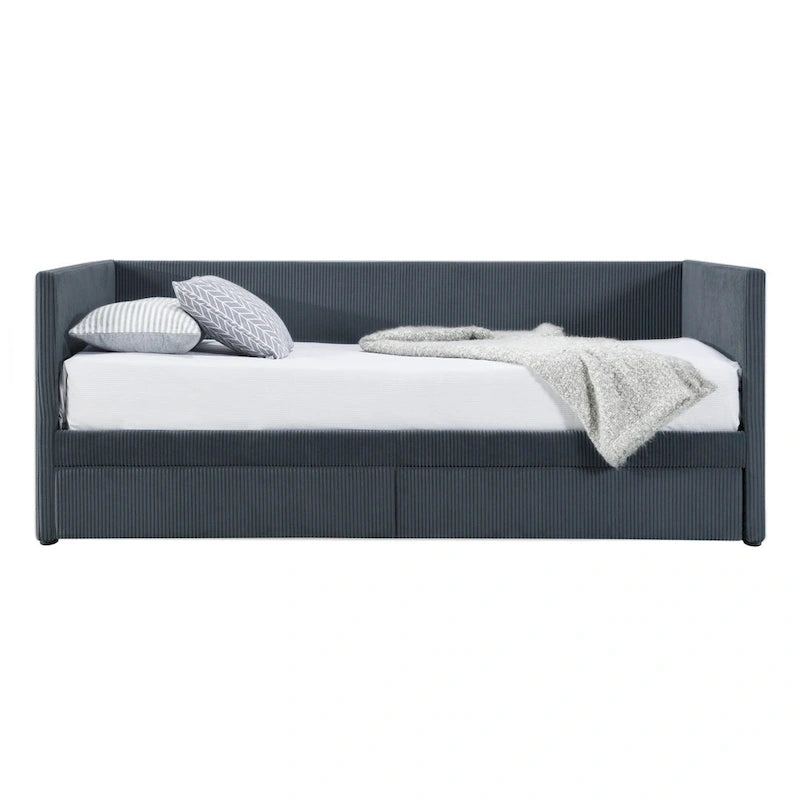 Twin Corduroy Upholstered Daybed with 2 Storage Drawers - Tufted Headboard, Wood Slats, No Box Spring Needed