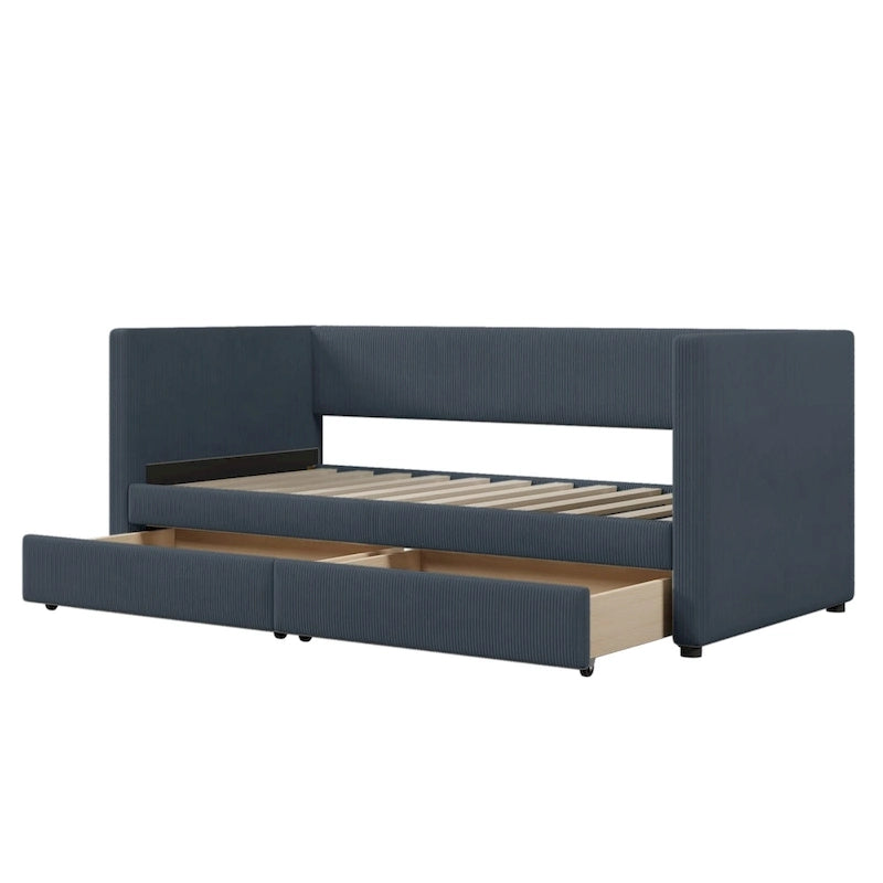 Twin Corduroy Upholstered Daybed with 2 Storage Drawers - Tufted Headboard, Wood Slats, No Box Spring Needed