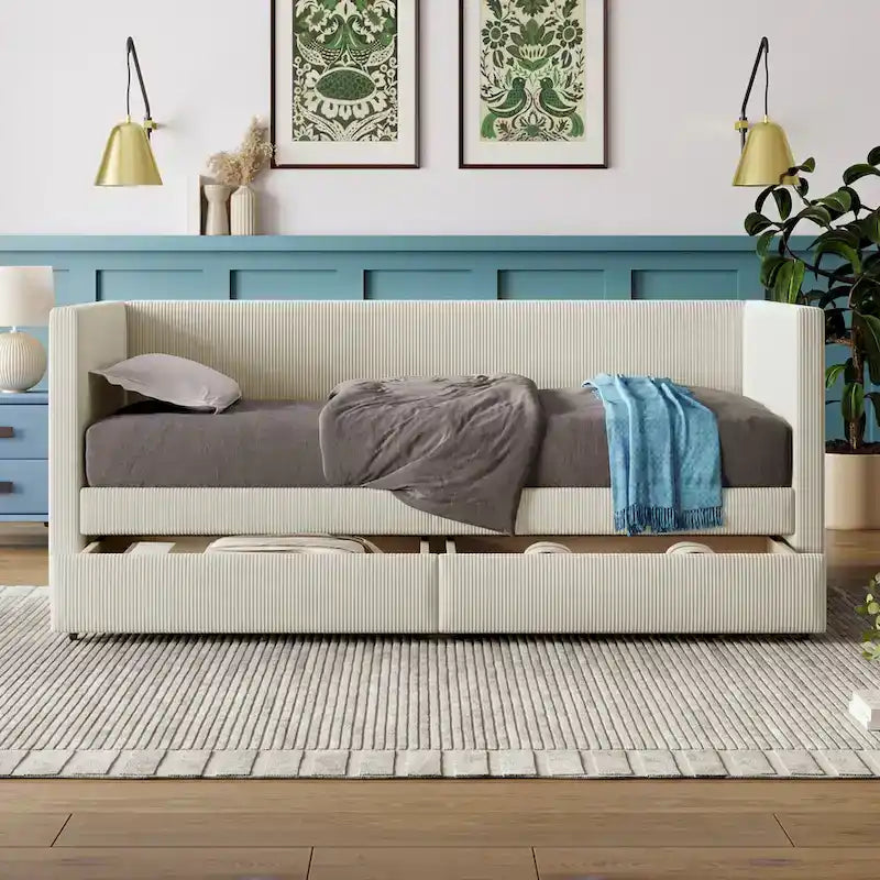 Twin Corduroy Upholstered Daybed with 2 Storage Drawers - Tufted Headboard, Wood Slats, No Box Spring Needed