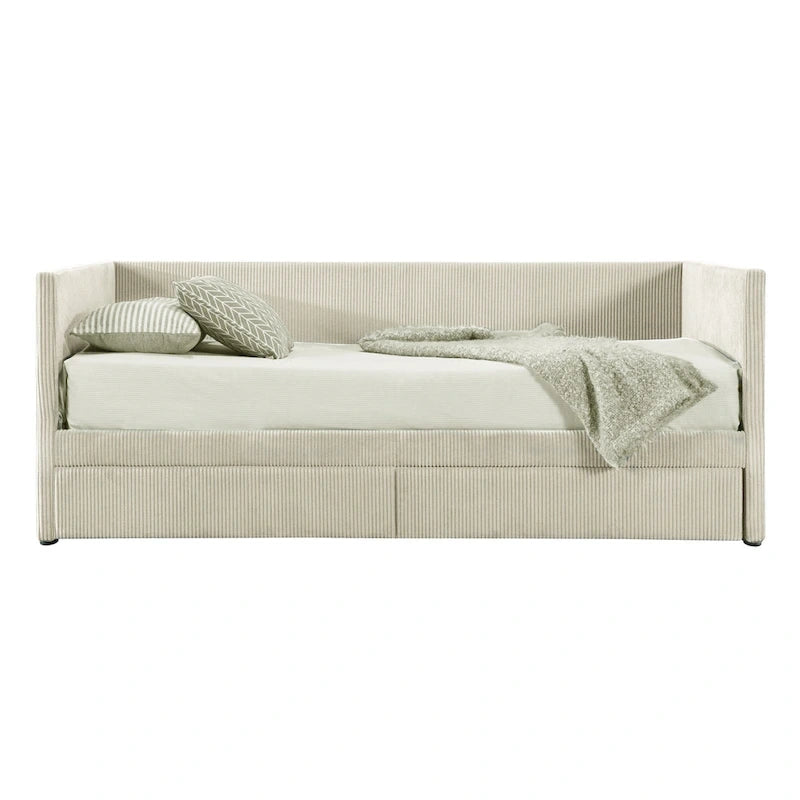 Twin Corduroy Upholstered Daybed with 2 Storage Drawers - Tufted Headboard, Wood Slats, No Box Spring Needed