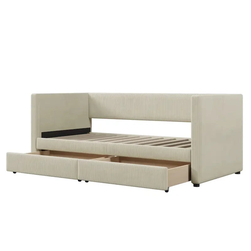 Twin Corduroy Upholstered Daybed with 2 Storage Drawers - Tufted Headboard, Wood Slats, No Box Spring Needed