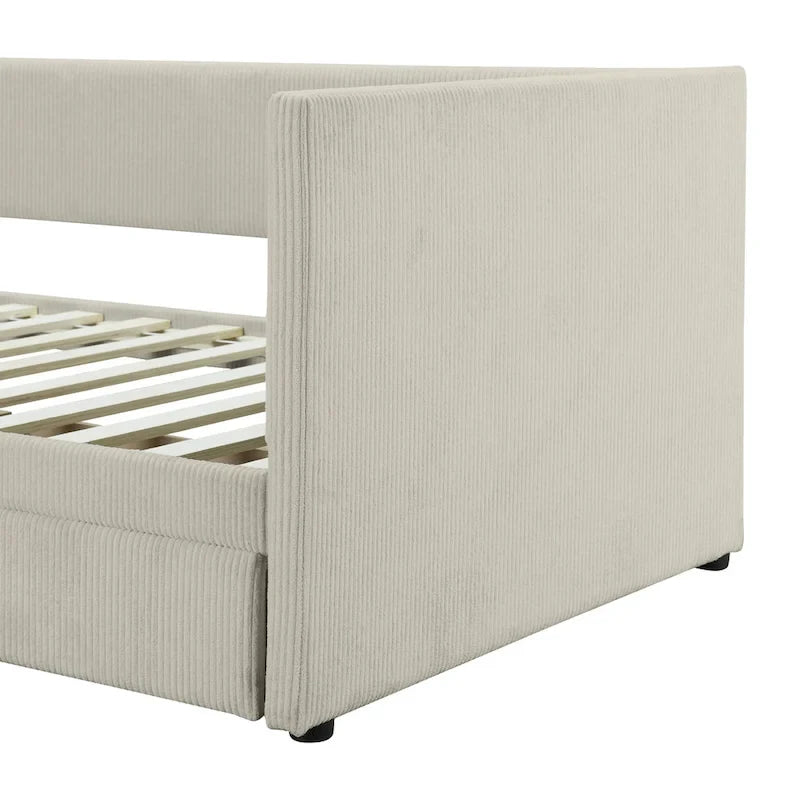 Twin Corduroy Upholstered Daybed with 2 Storage Drawers - Tufted Headboard, Wood Slats, No Box Spring Needed