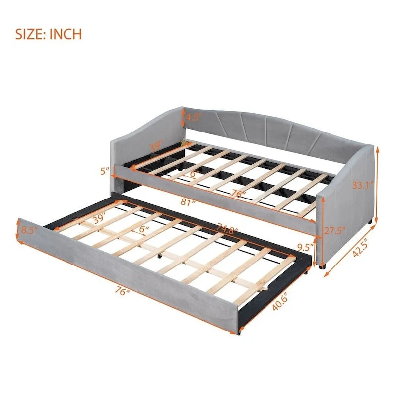 Twin Velvet Upholstered Daybed Sofa with Trundle - Backrest & Armrests, 650 lbs Capacity, No Box Spring Needed