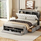 Solid Pine Wood Platform Bed with Storage Headboard, 4 Drawers & Double Shoe Rack - Multi-Functional Design