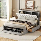 Wood Platform Bed with Storage Headboard, Shoe Rack and 4 Drawers