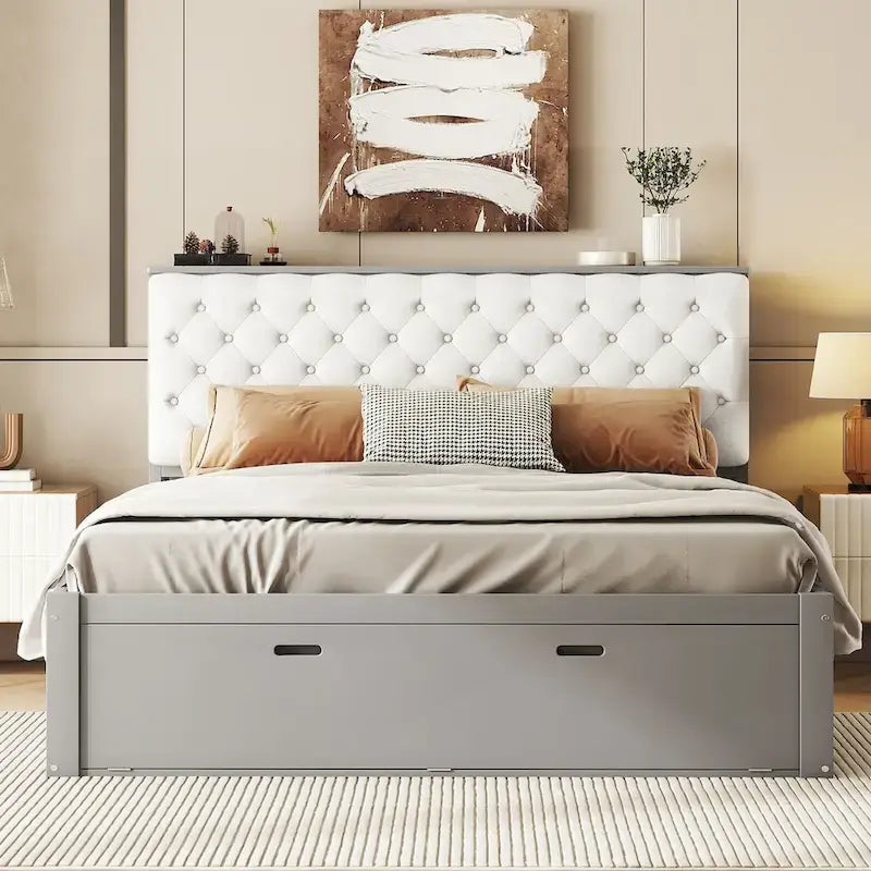 Solid Pine Wood Platform Bed with Storage Headboard, 4 Drawers & Double Shoe Rack - Multi-Functional Design