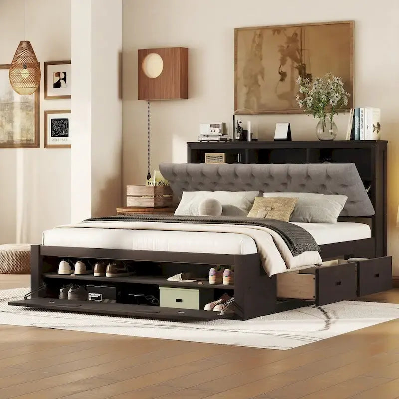 Solid Pine Wood Platform Bed with Storage Headboard, 4 Drawers & Double Shoe Rack - Multi-Functional Design
