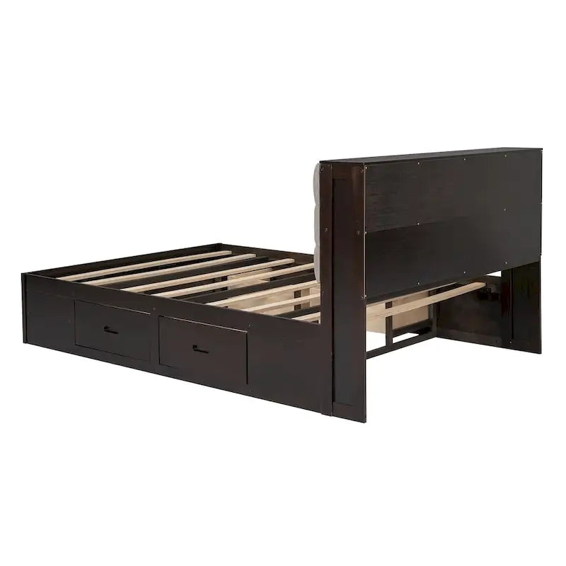 Solid Pine Wood Platform Bed with Storage Headboard, 4 Drawers & Double Shoe Rack - Multi-Functional Design