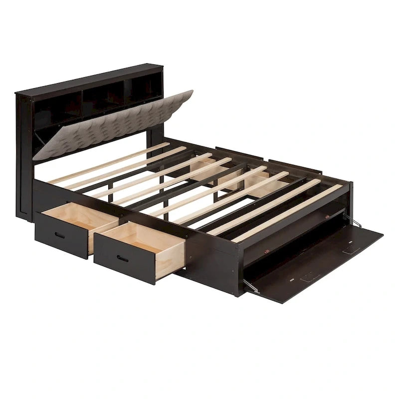 Solid Pine Wood Platform Bed with Storage Headboard, 4 Drawers & Double Shoe Rack - Multi-Functional Design