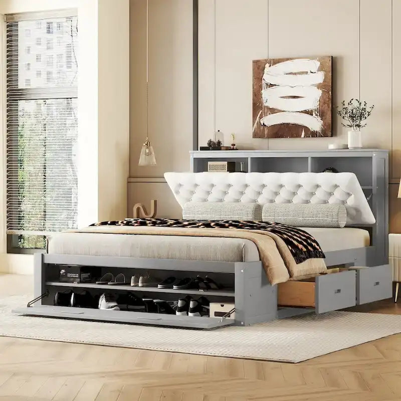 Solid Pine Wood Platform Bed with Storage Headboard, 4 Drawers & Double Shoe Rack - Multi-Functional Design