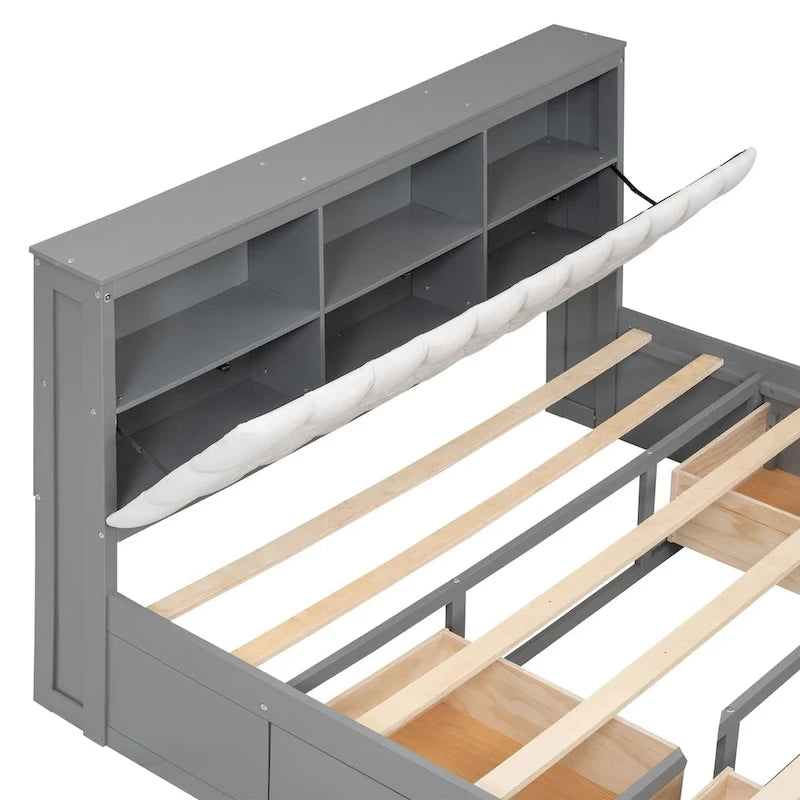 Solid Pine Wood Platform Bed with Storage Headboard, 4 Drawers & Double Shoe Rack - Multi-Functional Design