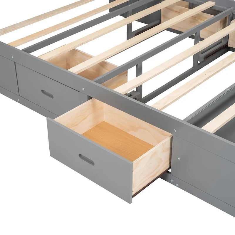 Solid Pine Wood Platform Bed with Storage Headboard, 4 Drawers & Double Shoe Rack - Multi-Functional Design