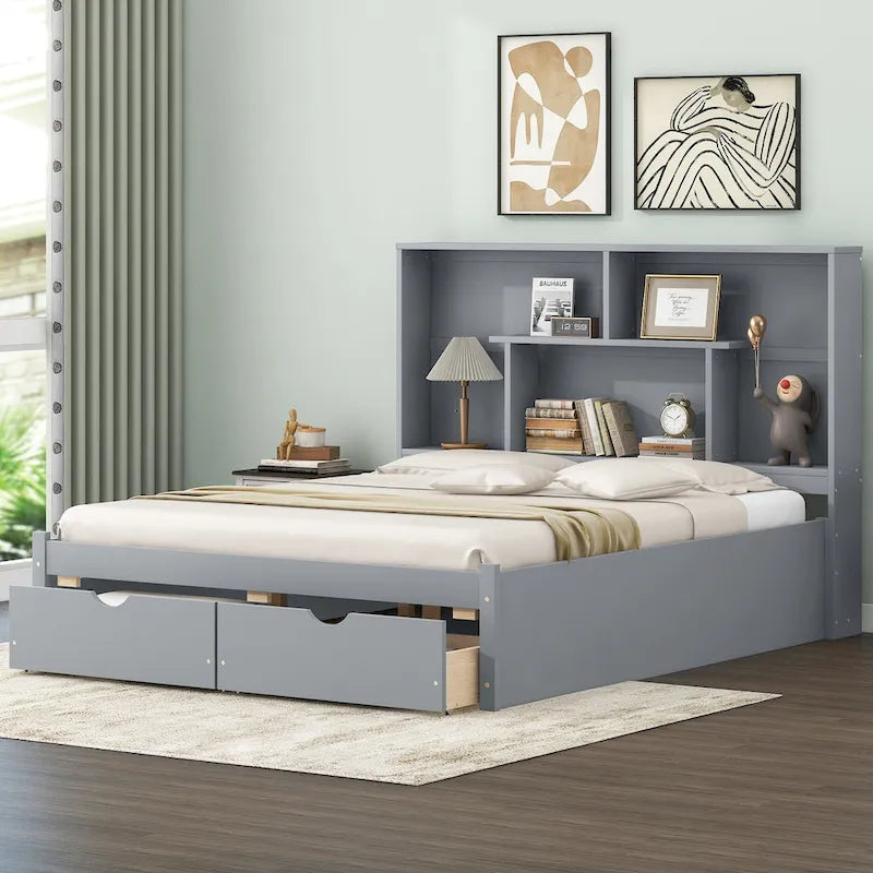 Queen Size Platform Bed with Storage Headboard and 2 Drawers