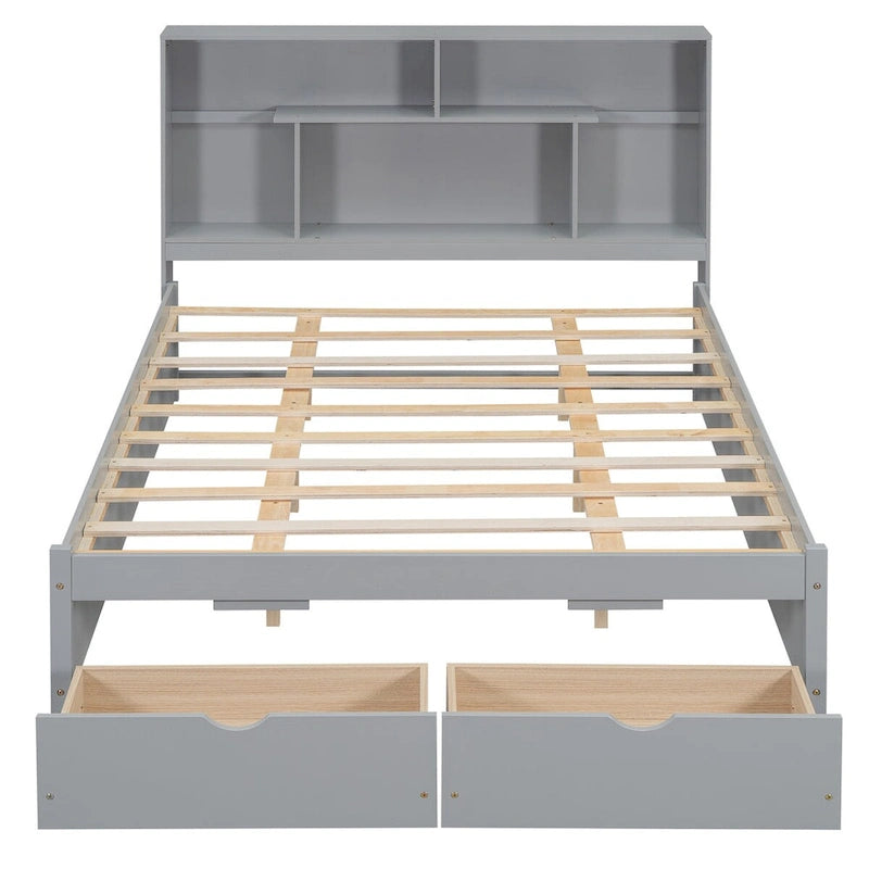 Queen Size Platform Bed with Storage Headboard and 2 Drawers