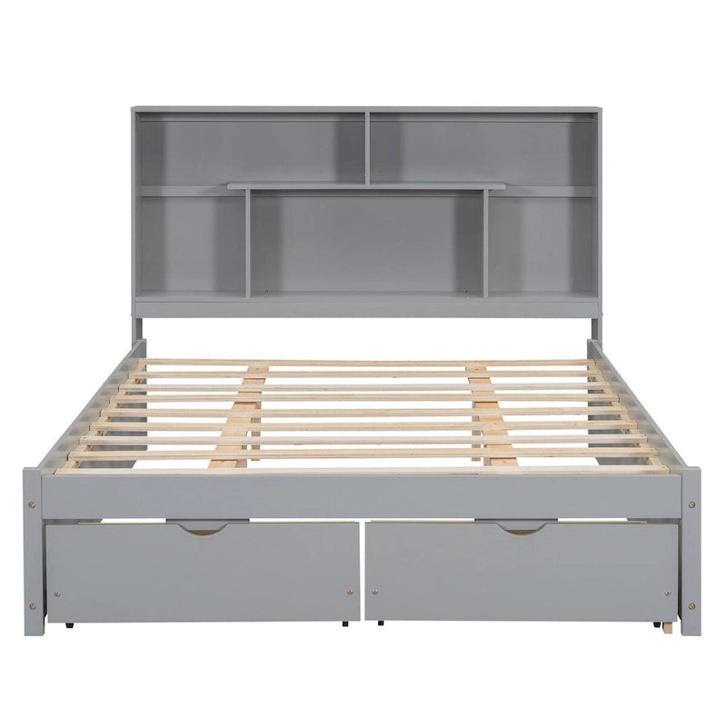 Queen Size Platform Bed with Storage Headboard and 2 Drawers