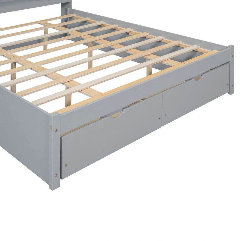 Queen Size Platform Bed with Storage Headboard and 2 Drawers
