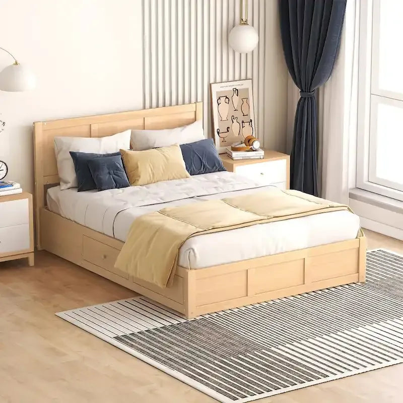Natural Wood Platform Bed with 2 Storage Drawers & Under-Bed Storage - Modern Design, No Box Spring Needed