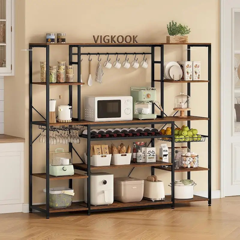 Bakers Rack with Power Outlet - 4 AC + 2 USB - Microwave Stand - Wine Rack - Goblet Holder - 8 Hooks - Wire Basket - 12 Shelves - Industrial Style - Kitchen