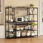 Bakers Rack with Power Outlet - 4 AC + 2 USB - Microwave Stand - Wine Rack - Goblet Holder - 8 Hooks - Wire Basket - 12 Shelves - Industrial Style - Kitchen