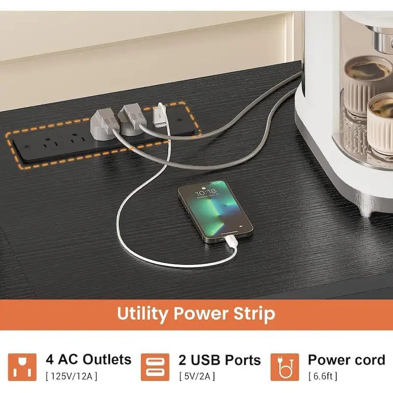 Bakers Rack with Power Outlet - 4 AC + 2 USB - Microwave Stand - Wine Rack - Goblet Holder - 8 Hooks - Wire Basket - 12 Shelves - Industrial Style - Kitchen