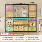 Bakers Rack with Power Outlet - 4 AC + 2 USB - Microwave Stand - Wine Rack - Goblet Holder - 8 Hooks - Wire Basket - 12 Shelves - Industrial Style - Kitchen