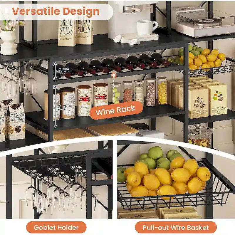 Bakers Rack with Power Outlet - 4 AC + 2 USB - Microwave Stand - Wine Rack - Goblet Holder - 8 Hooks - Wire Basket - 12 Shelves - Industrial Style - Kitchen