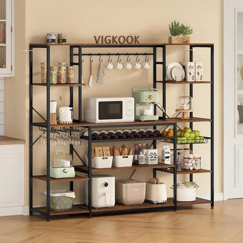 Bakers Rack with Power Outlet - 4 AC + 2 USB - Microwave Stand - Wine Rack - Goblet Holder - 8 Hooks - Wire Basket - 12 Shelves - Industrial Style - Kitchen