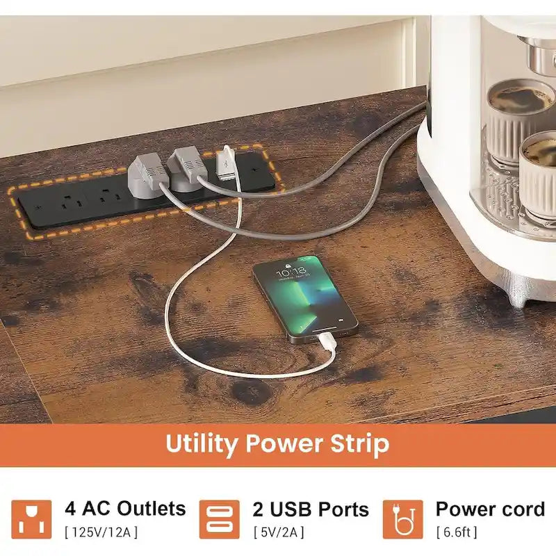 Bakers Rack with Power Outlet - 4 AC + 2 USB - Microwave Stand - Wine Rack - Goblet Holder - 8 Hooks - Wire Basket - 12 Shelves - Industrial Style - Kitchen